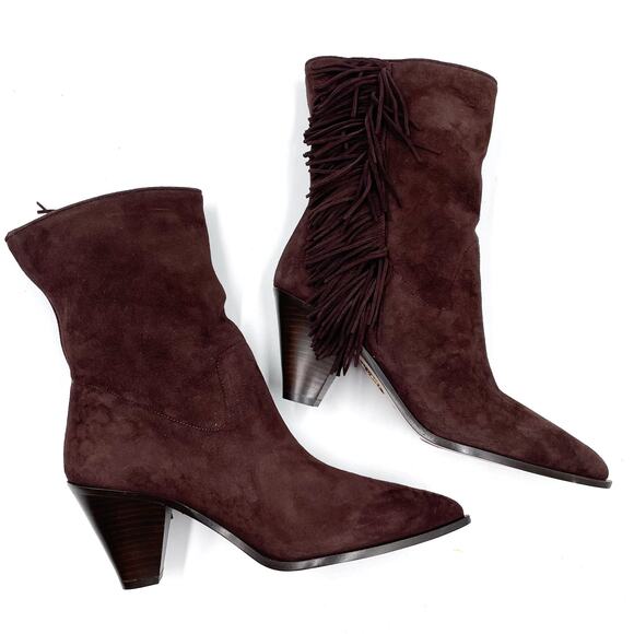 Aquazzura Marfa Fringed Western Boots Brown Suede Pointed Toe Heels Sz 38 / 8 - Picture 3 of 10
